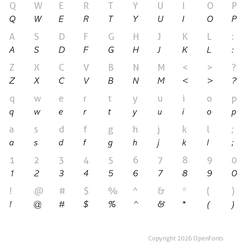 Character Map of Abadi MT Pro Light Italic