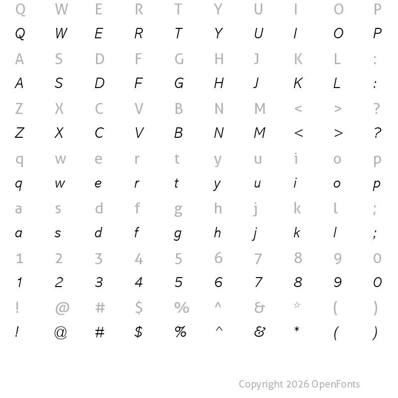Character Map of AbadiMTW04-LightItalic Regular