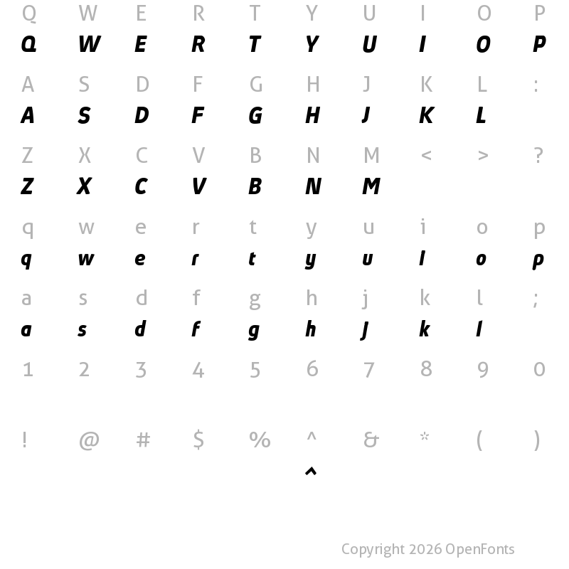 Character Map of Absolut Reduced Bold Italic