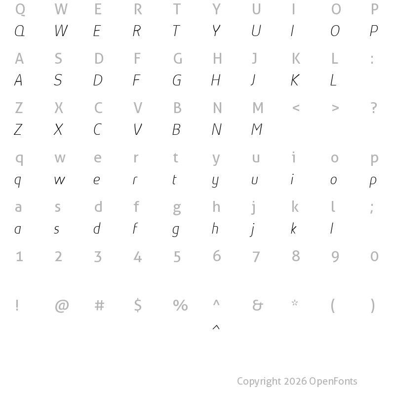 Character Map of Absolut Reduced Thin Italic