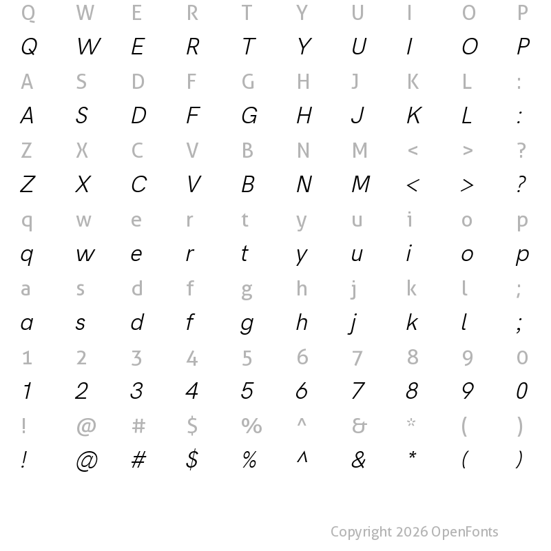 Character Map of Acari Sans Neue Italic