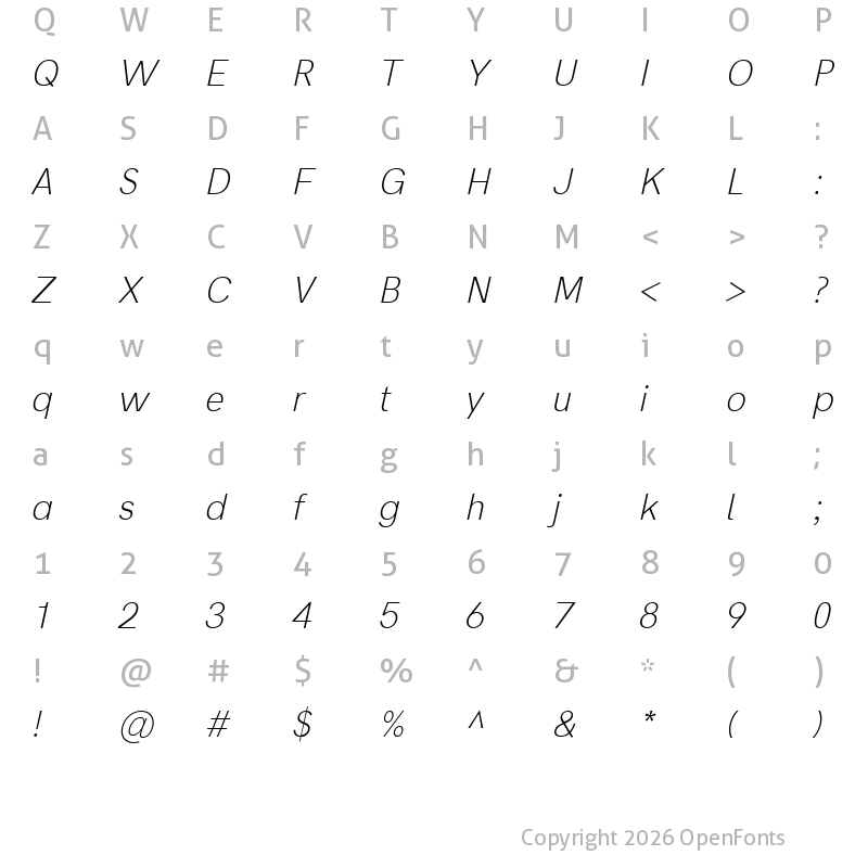 Character Map of Acari Sans Neue Light Italic