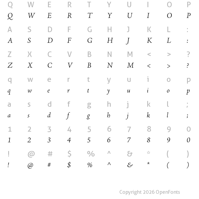 Character Map of Adobe Jenson Pro Light Italic
