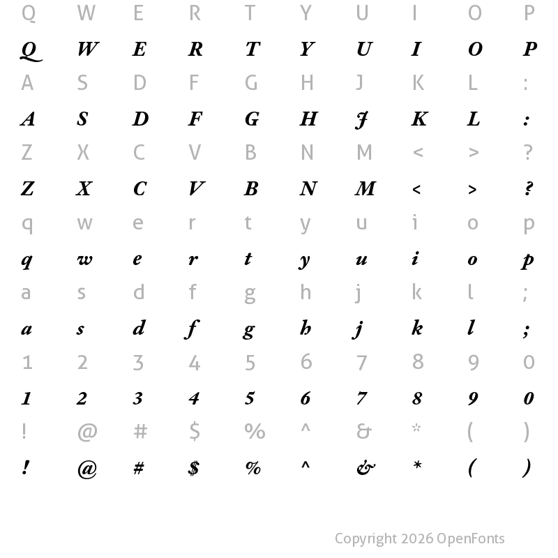Character Map of Adobe Kis Caption Bold Italic