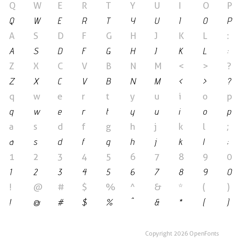 Character Map of Advent Pro Italic