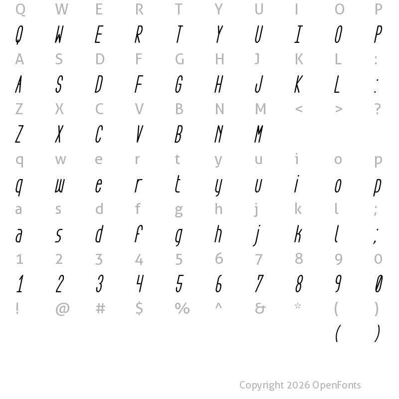 Character Map of Aeg Flyon Now bold cursive Italic