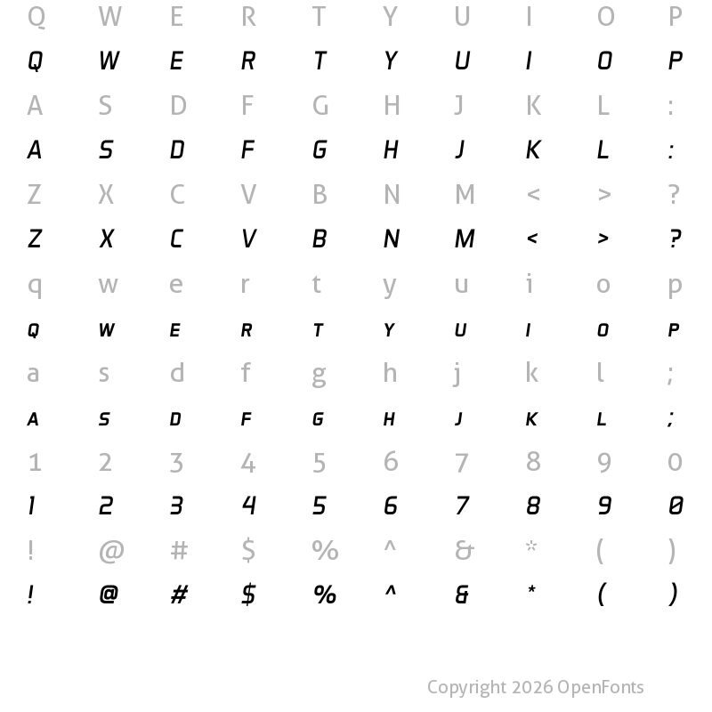 Character Map of Aero Matics Display Italic