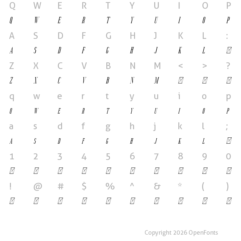Character Map of Aguero Serif Free Italic