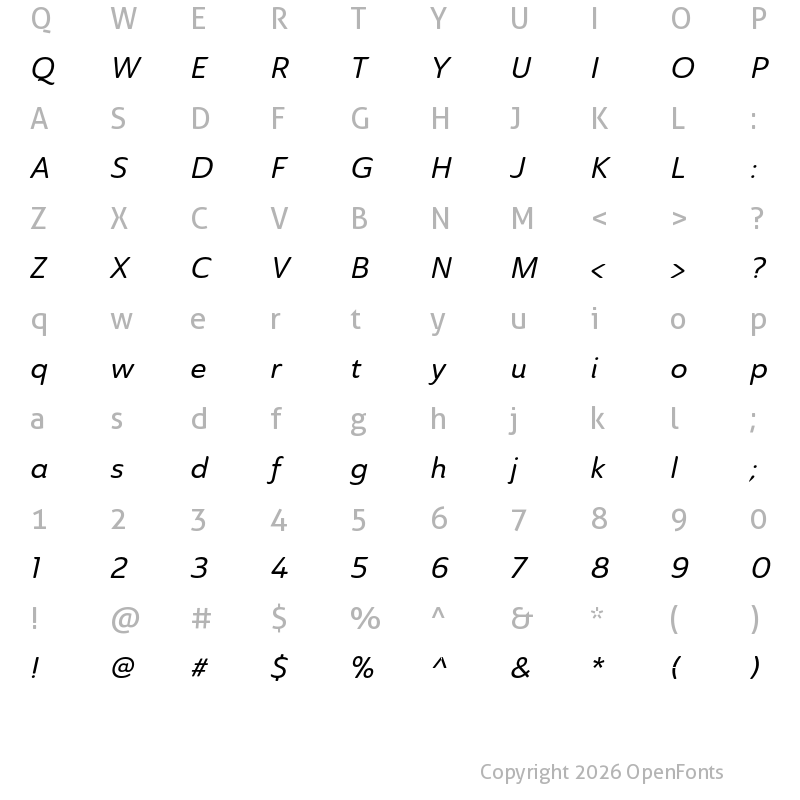 Character Map of Ainslie Sans Norm Medium Ital