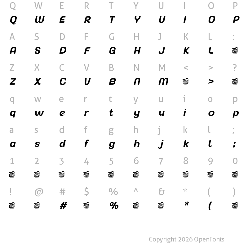 Character Map of Akuina Personal use Bold Slanted