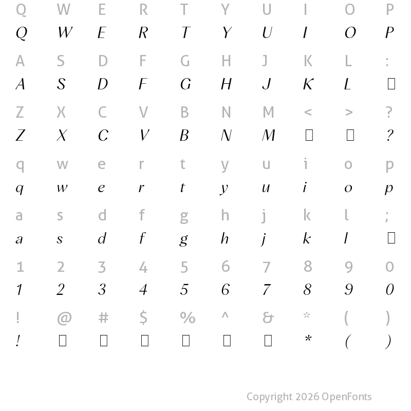 Character Map of Albra Sans TRIAL Light Italic TRIAL