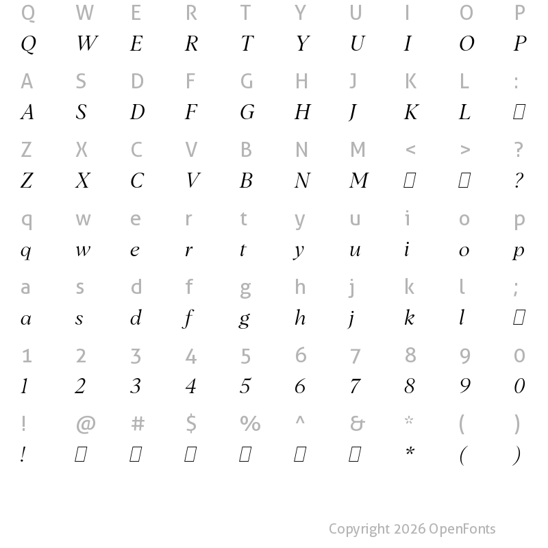 Character Map of Albra TRIAL Light Italic TRIAL