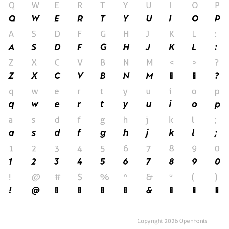 Character Map of Albula Narrow Pro Trial Bold Oblique