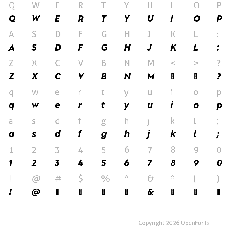 Character Map of Albula Narrow Pro Trial ExtraBold Oblique