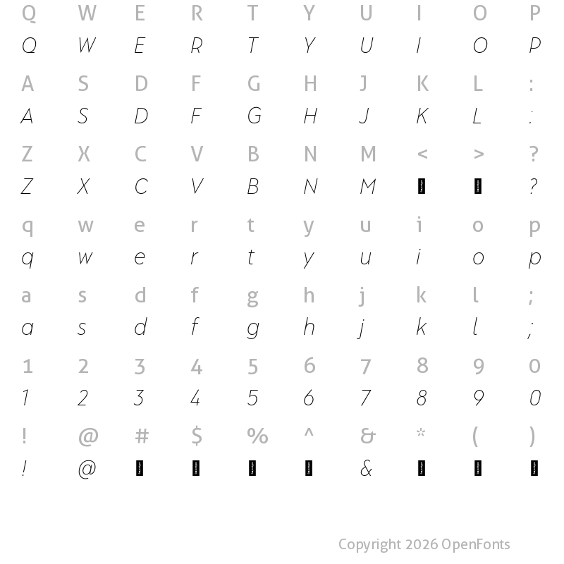 Character Map of Albula Narrow Pro Trial ExtraLight Oblique