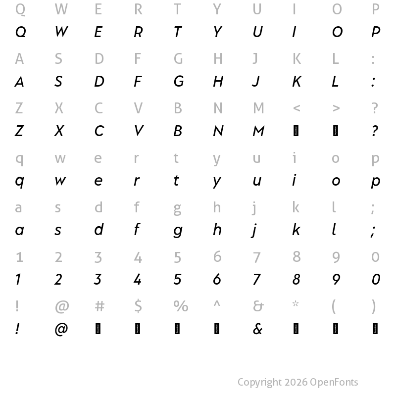 Character Map of Albula Narrow Pro Trial Medium Oblique