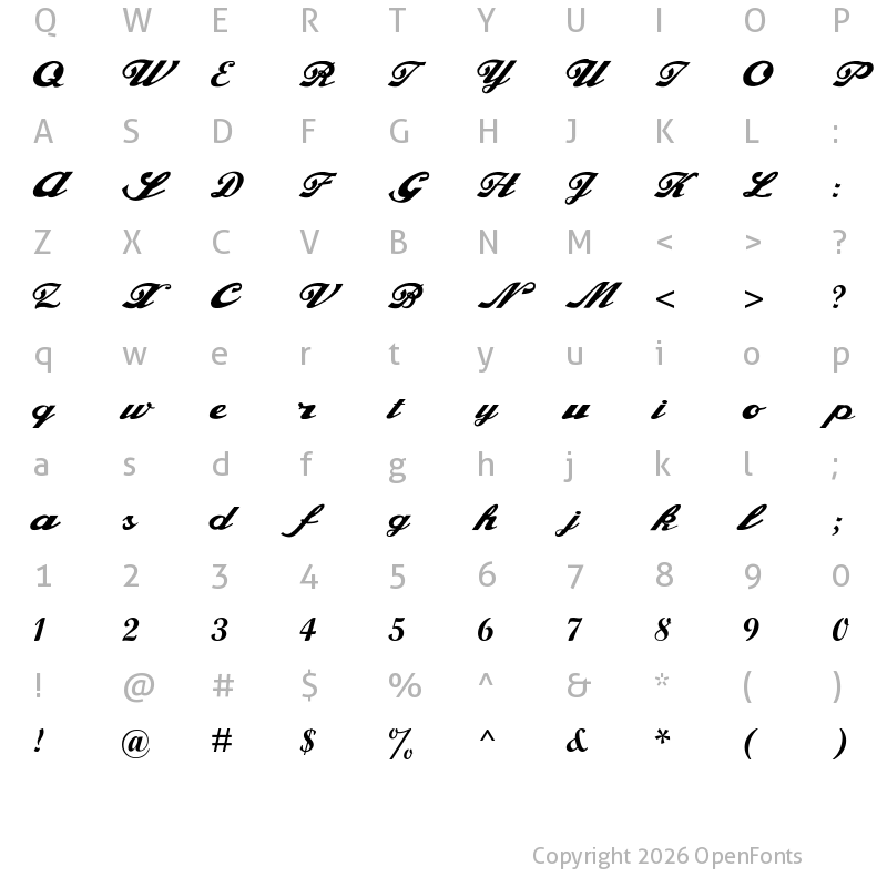Character Map of Alfaowner Script Bold Italic