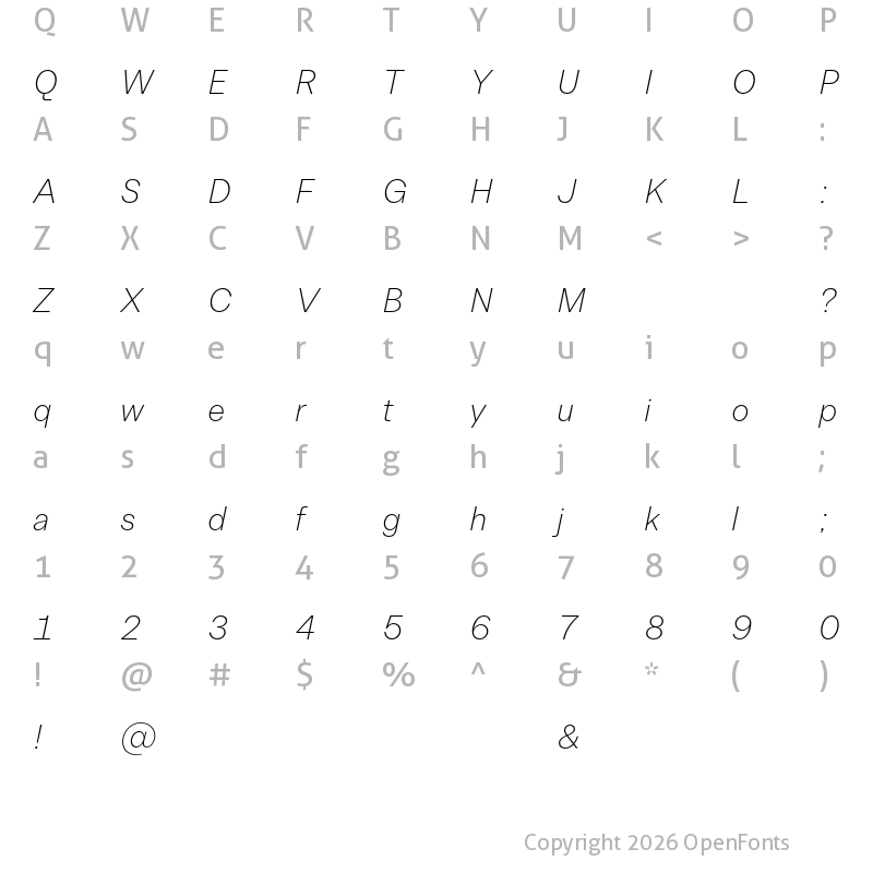 Character Map of Allrounder Grotesk Test Light Italic