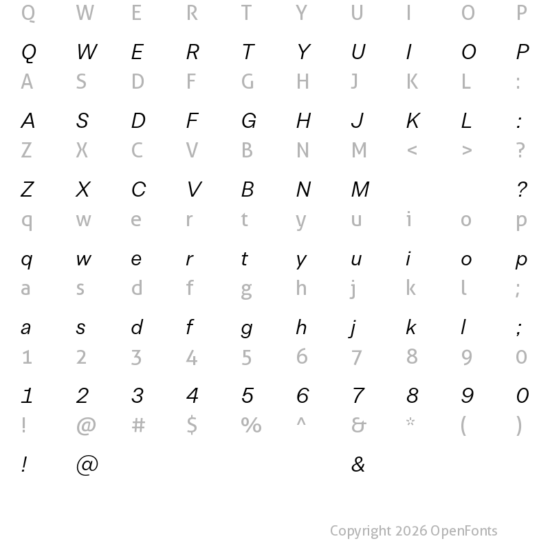 Character Map of Allrounder Grotesk Test Regular Italic