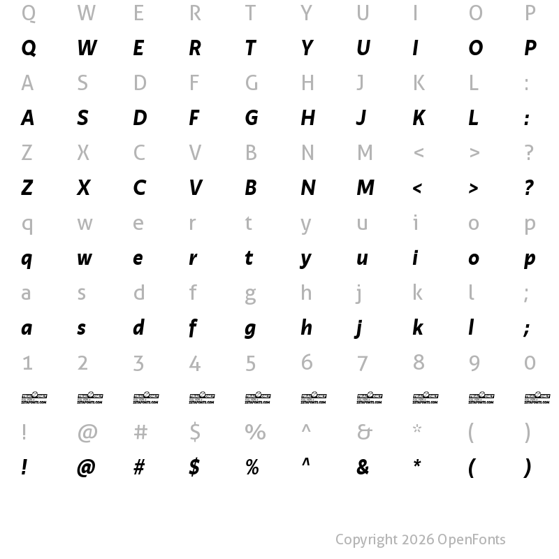 Character Map of Ambra Sans Text Trial Bold Italic