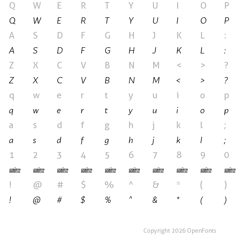 Character Map of Ambra Sans Text Trial Book Italic
