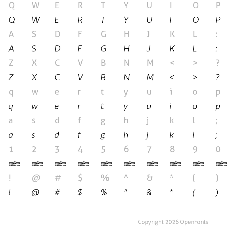 Character Map of Ambra Sans Trial Book Italic