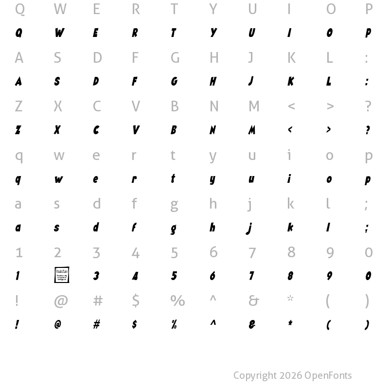 Character Map of Angella Narrow Italic