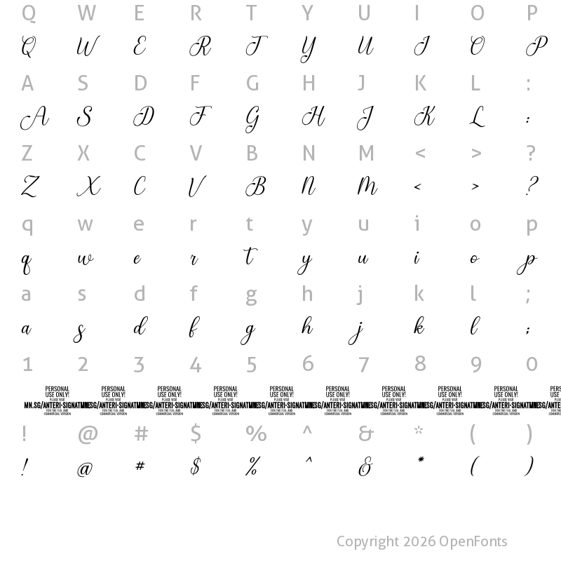 Character Map of Anteri Signature PERSONAL USE Regular