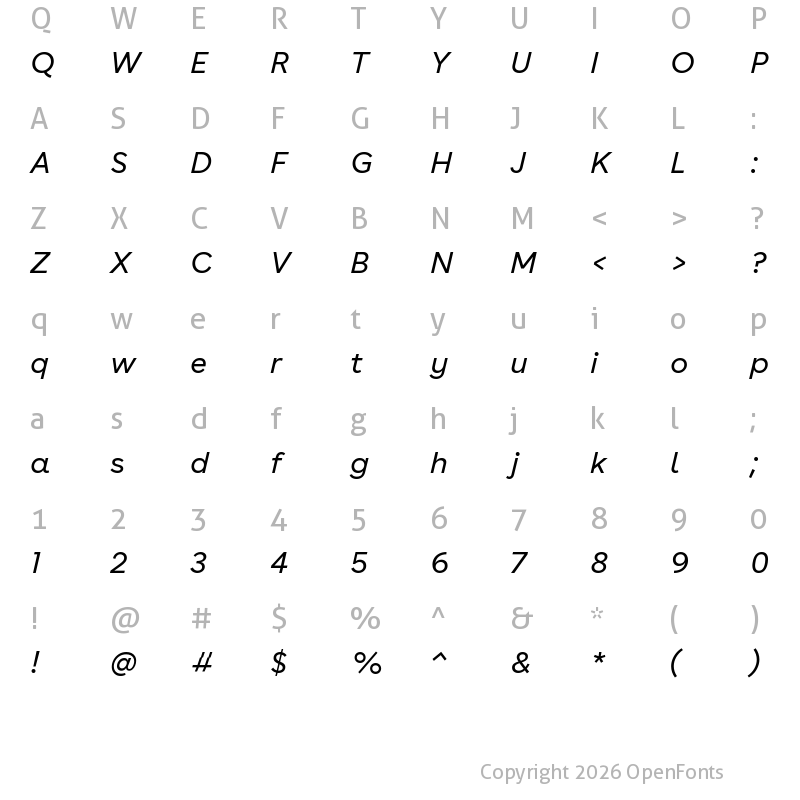 Character Map of AOK Buenos Aires Regular Italic