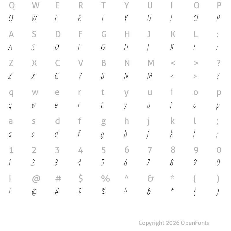 Character Map of ApparatExtraCond Extralight Italic