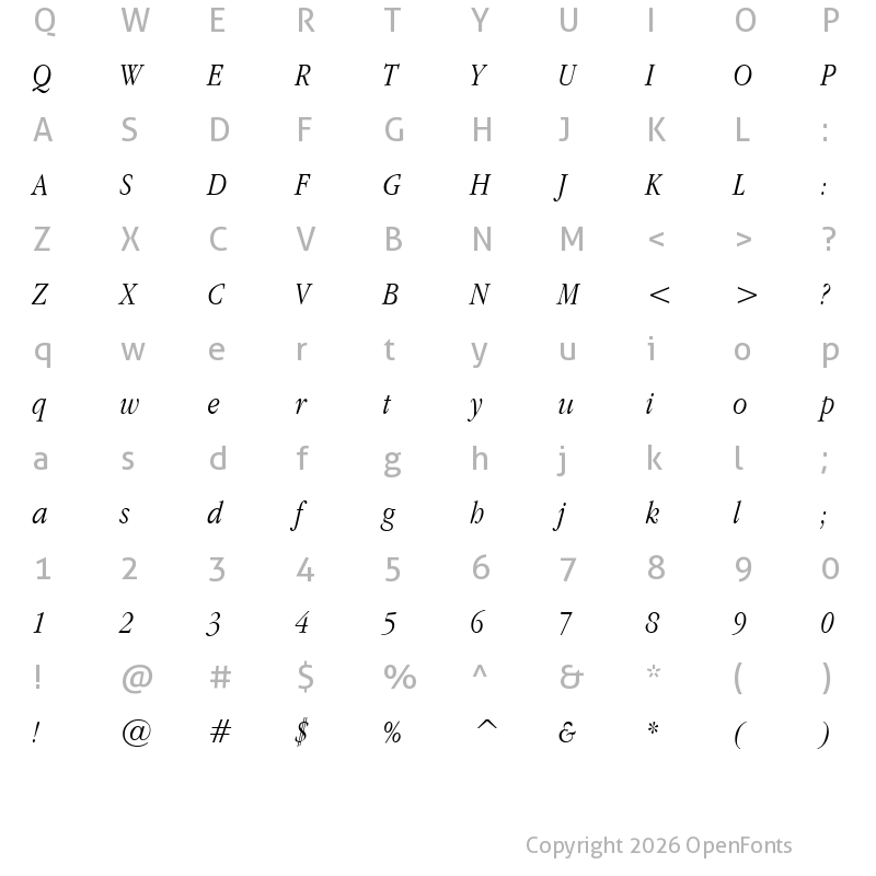 Character Map of Apple Garamond Light Italic