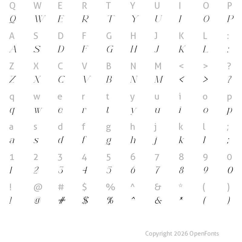 Character Map of Arameza Demo Italic