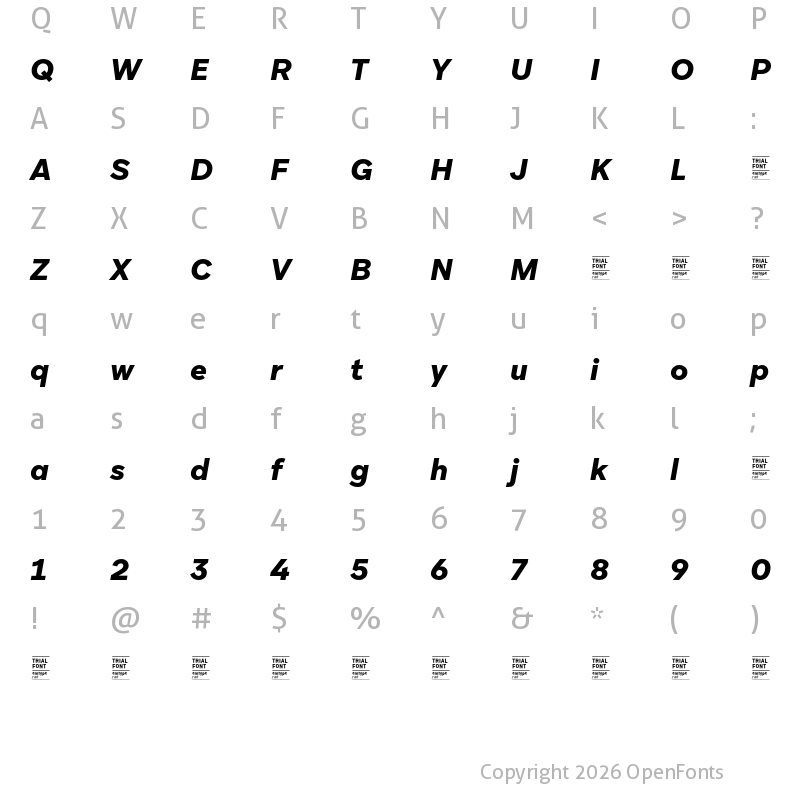 Character Map of Aribau Grotesk TRIAL Black Italic