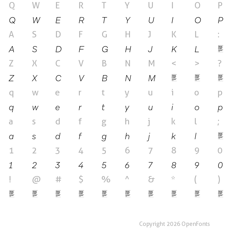 Character Map of Aribau Grotesk TRIAL ExtraLight Italic
