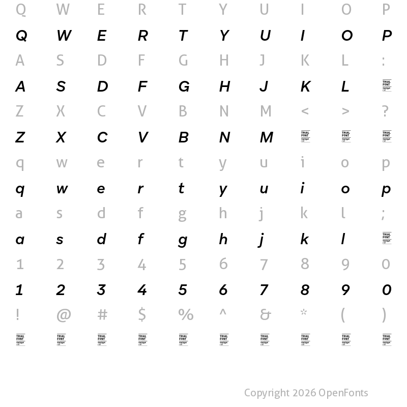 Character Map of Aribau Grotesk TRIAL Medium Italic