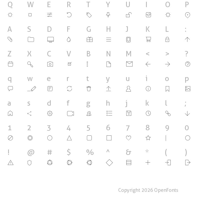 Character Map of Arista Pro Icons Thin