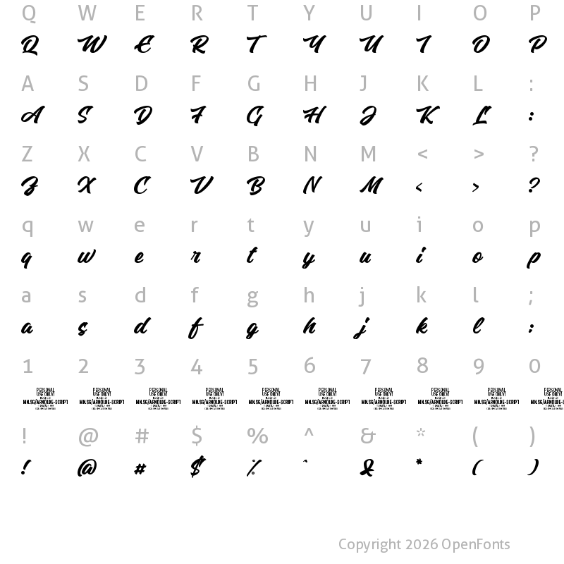 Character Map of Arnolde Script PERSONAL USE Regular