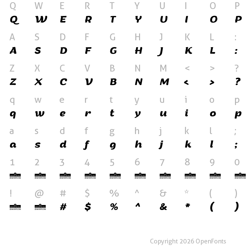 Character Map of Arturo Trial Bold Italic