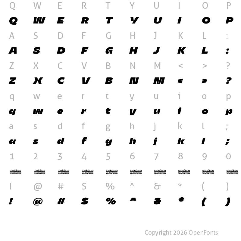 Character Map of Asgard Trial Fit Fat Italic