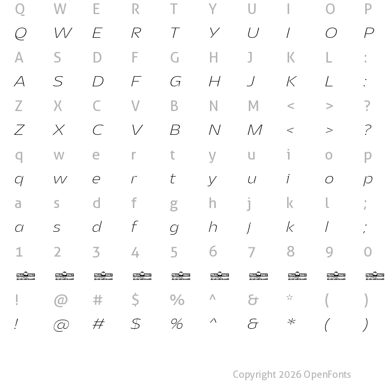 Character Map of Asgard Trial Fit Xlight Italic