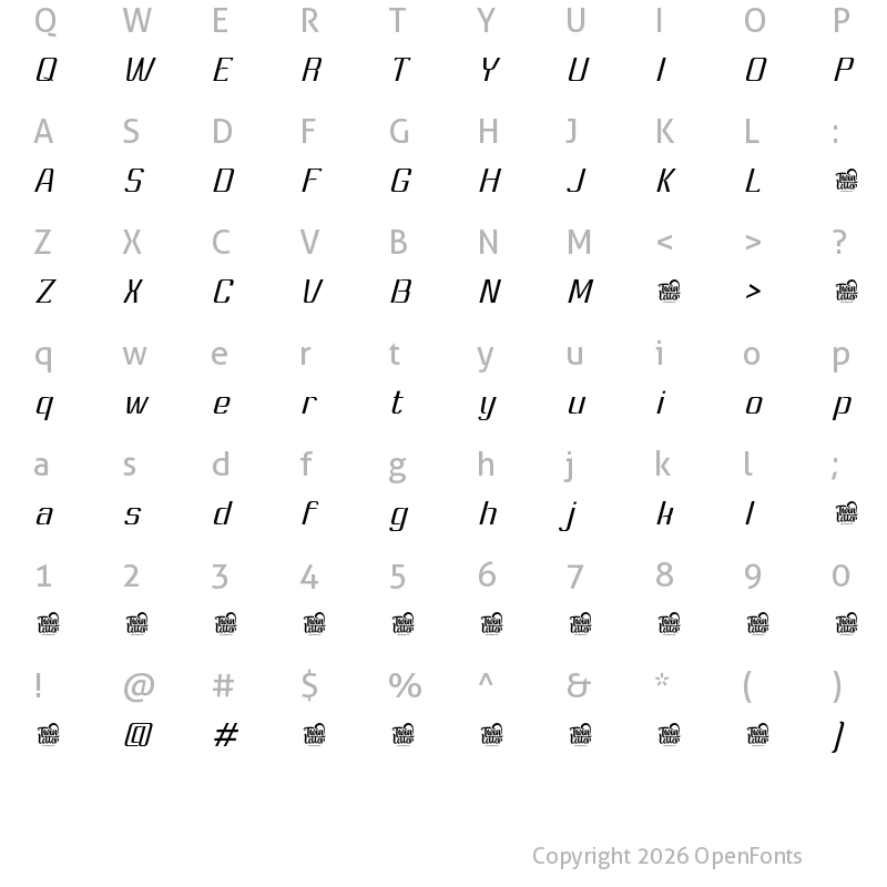 Character Map of Ashety Personal use Light Slanted