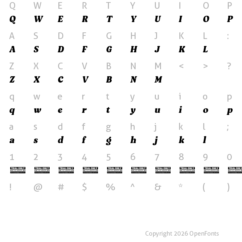 Character Map of Asikue Trial Bold Oblique