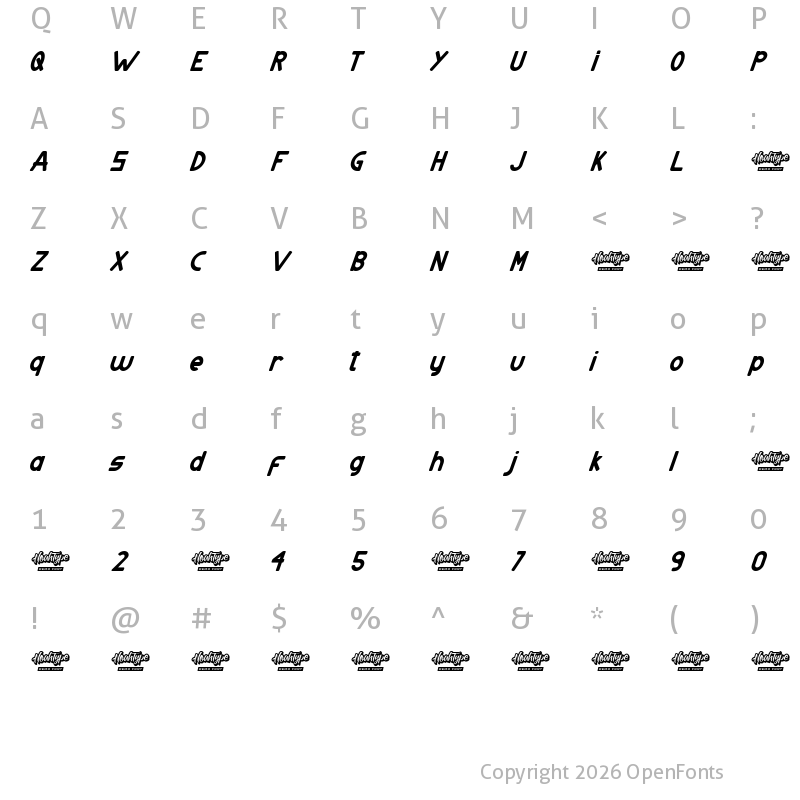 Character Map of Atlanta Corner Demo Italic