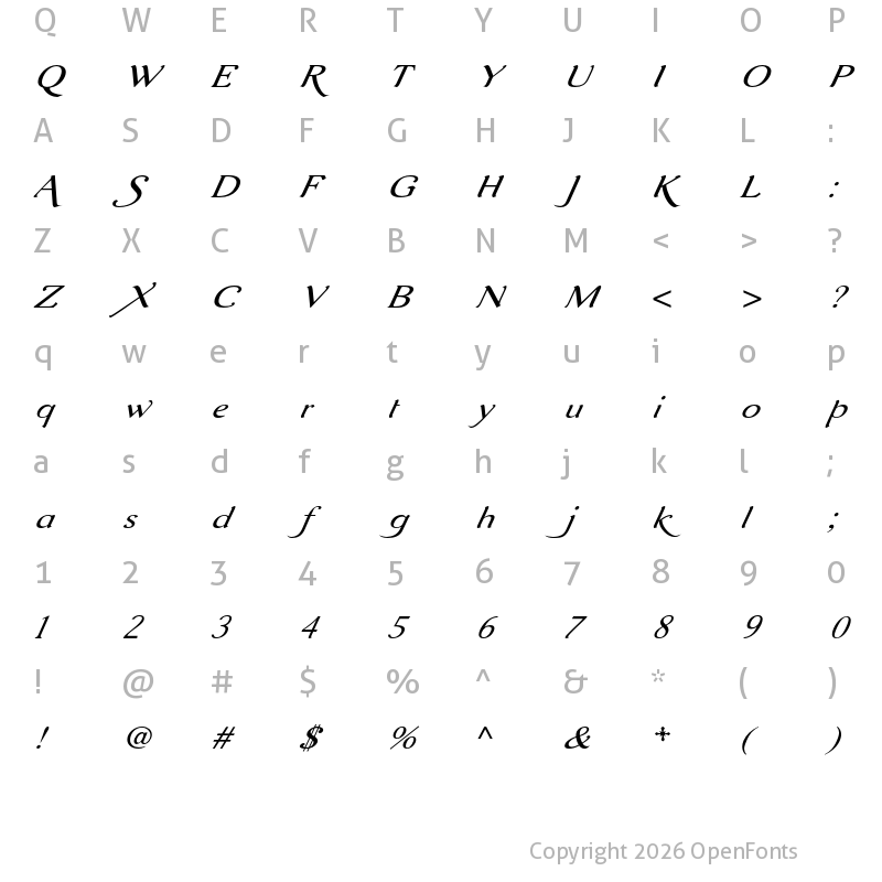 Character Map of Aurelis ADF Script No2 Std Ext Italic