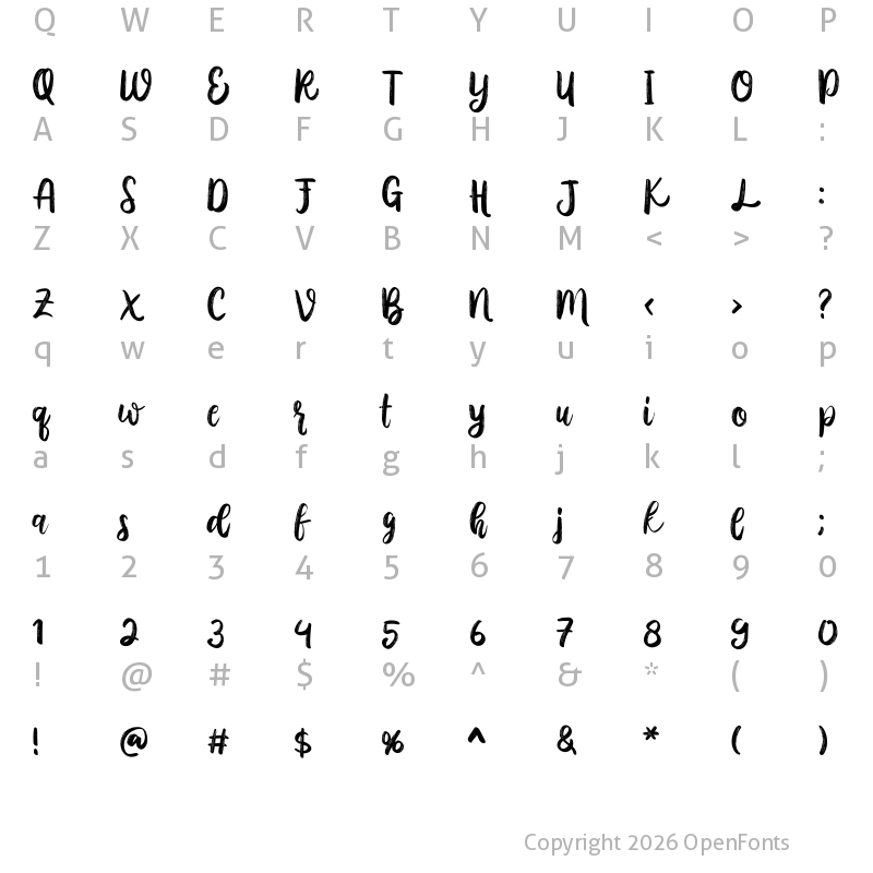 Character Map of Austhina Brush Calligraphy Scratch Regular