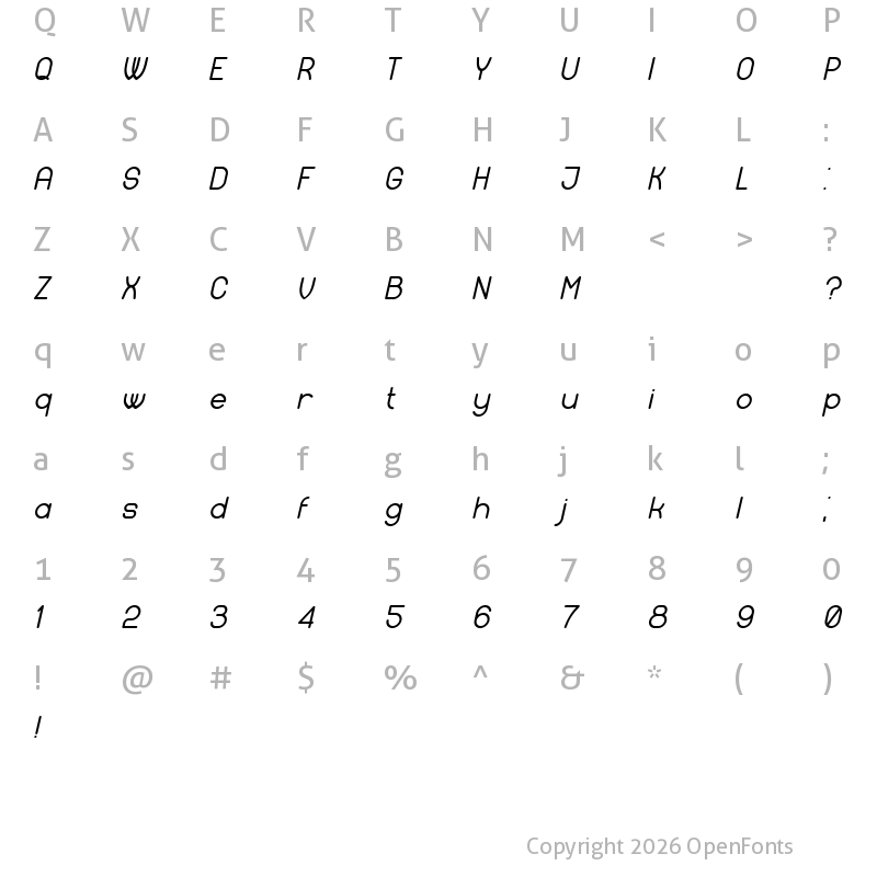 Character Map of Available Italic