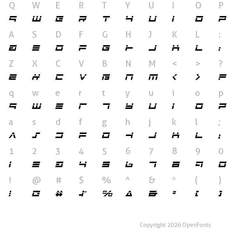 Character Map of Avenger Laser Italic Italic