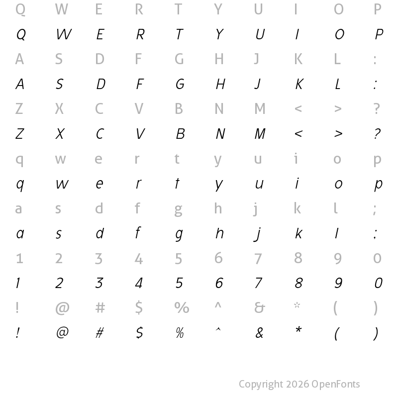 Character Map of Avita Extra Light Italic