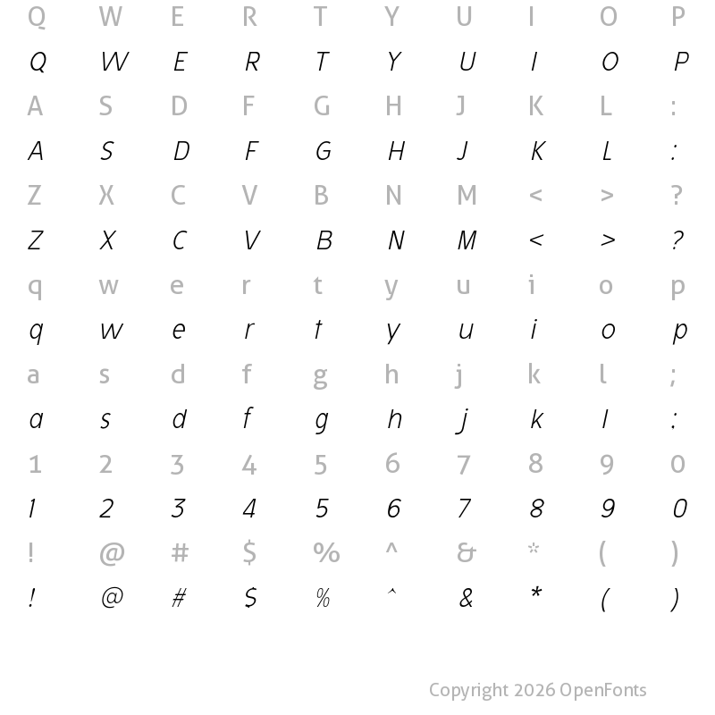 Character Map of Avita Thin Italic
