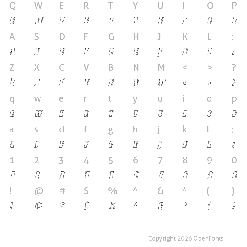 Character Map of Avondale SC Outline Italic